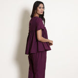 Right View of a Model wearing Berry Wine Warm Cotton Frilled Gathered Top