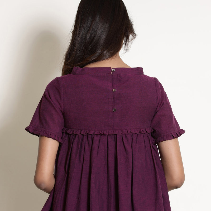 Back Detail of a Model wearing Berry Wine Warm Cotton Frilled Gathered Top