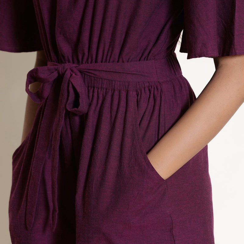 Front Detail of a Model wearing Berry Wine Warm Cotton Knee Length Flared Jumpsuit