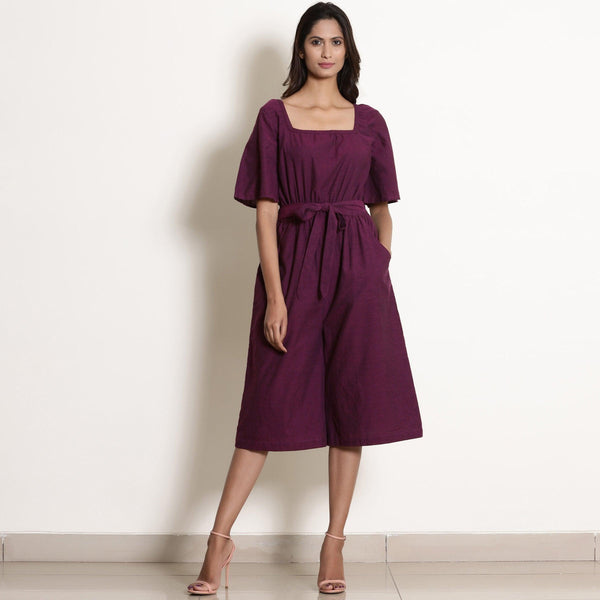 Front View of a Model wearing Warm Berry Wine Loose Fit Jumpsuit