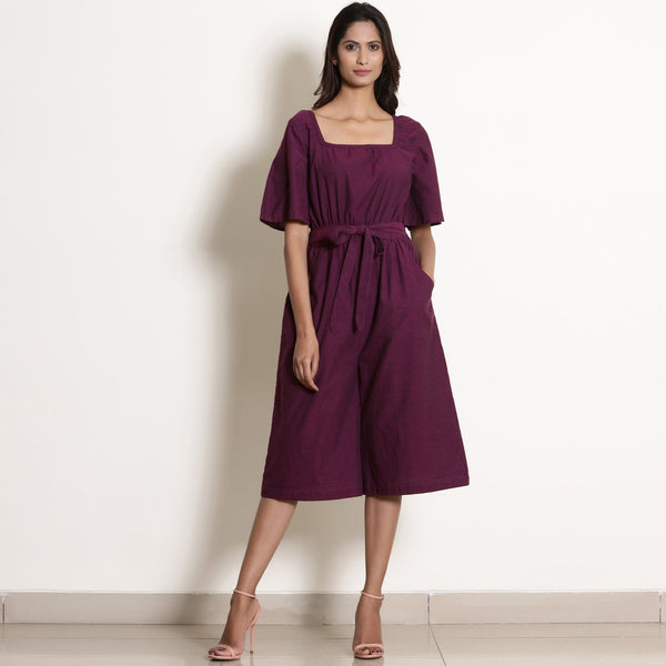 Front View of a Model wearing Berry Wine Warm Cotton Knee Length Flared Jumpsuit