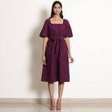 Front View of a Model wearing Berry Wine Warm Cotton Knee Length Flared Jumpsuit