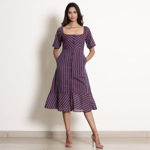Front View of a Model wearing Berry Wine Warm Cotton Striped Midi Dress