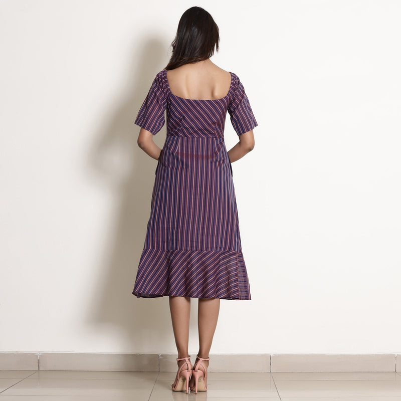Back View of a Model wearing Berry Wine Warm Cotton Striped Midi Dress