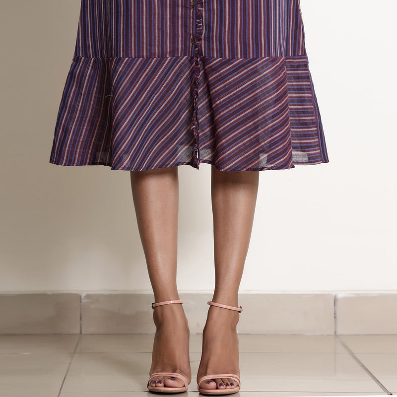 Close View of a Model wearing Berry Wine Warm Cotton Striped Midi Dress