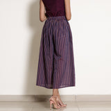 Back View of a Model wearing Berry Wine Striped Gathered Culottes