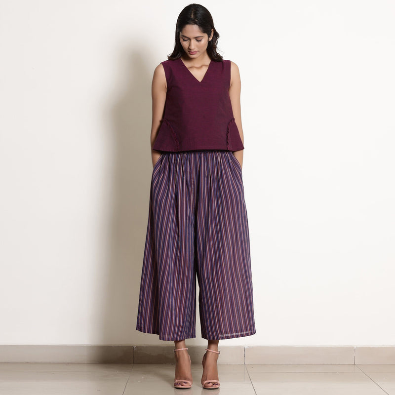 Front View of a Model wearing Warm Berry Wine Top and Striped Culottes Set