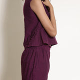 Front Detail of a Model wearing Berry Wine Warm Cotton Sleeveless Frilled Godet Top