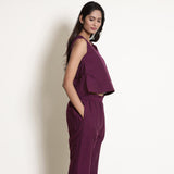 Right View of a Model wearing Berry Wine Warm Cotton Sleeveless Frilled Godet Top