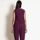 Back View of a Model wearing Berry Wine Warm Cotton Sleeveless Frilled Godet Top
