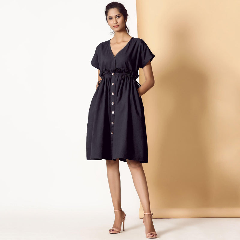 Front View of a Model wearing Black Warm Cotton Flannel Knee Length Frilled Dress