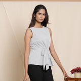 Right View of a Model wearing Warm Cloudy Grey A-Line Cotton Top