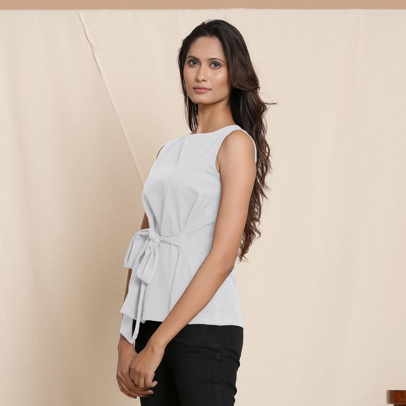 Left View of a Model wearing Warm Cloudy Grey A-Line Cotton Top