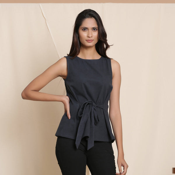 Front View of a Model wearing Moonlight Black Warm Cotton Flannel Sleeveless Tie-up Top