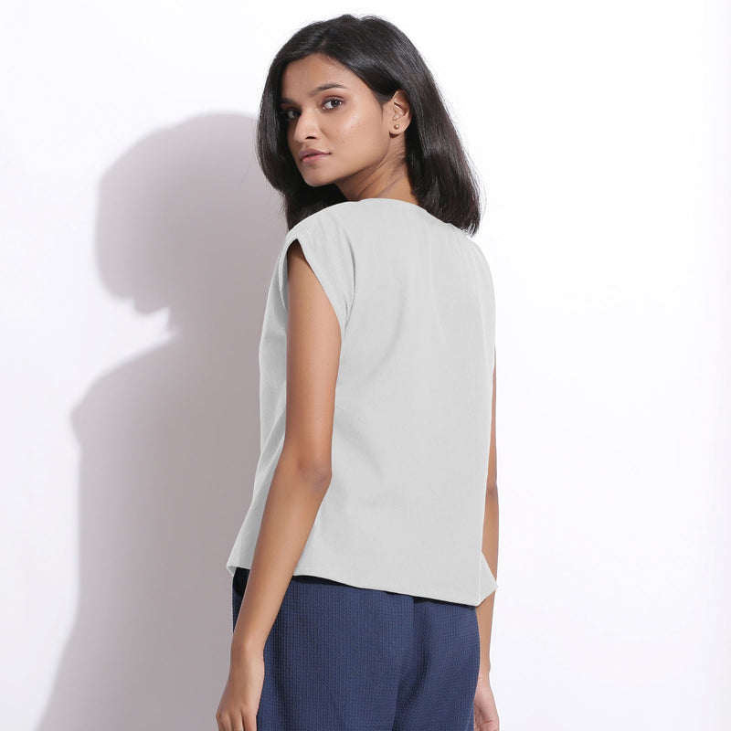Back View of a Model wearing Warm Cotton Flannel Cloudy Grey Essential Top
