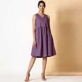 Front View of a Model wearing Grape Wine Warm Cotton Flannel Knee Length Yoke Dress