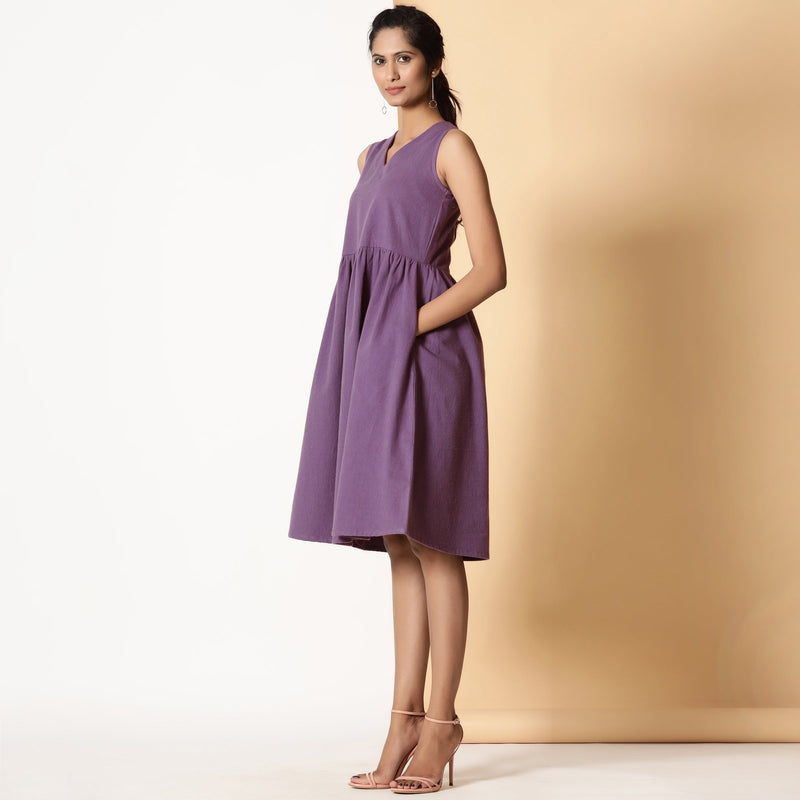 Left View of a Model wearing Grape Wine Warm Cotton Flannel Knee Length Yoke Dress