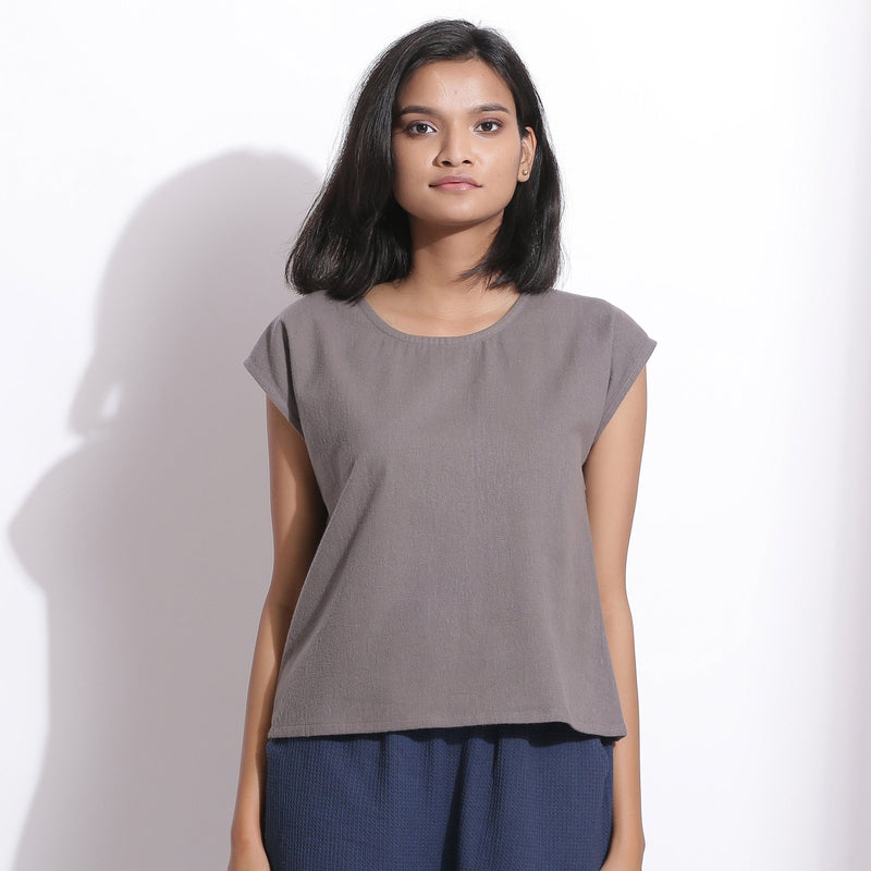 Front View of a Model wearing Warm Cotton Flannel Grey Essential Top