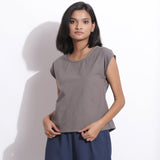 Front View of a Model wearing Warm Cotton Flannel Grey Essential Top
