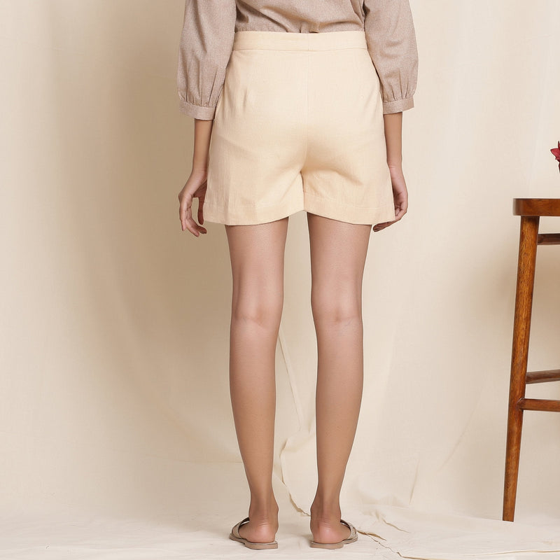 Back View of a Model wearing Dusk Beige Warm Cotton Flannel High-Rise Short Shorts