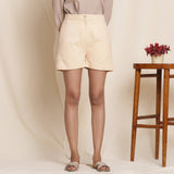 Front View of a Model wearing Dusk Beige Warm Cotton Flannel High-Rise Short Shorts
