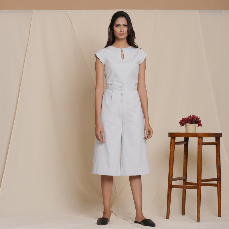 Front View of a Model wearing Cloudy Grey Warm Cotton Flannel Mid-Rise Culottes