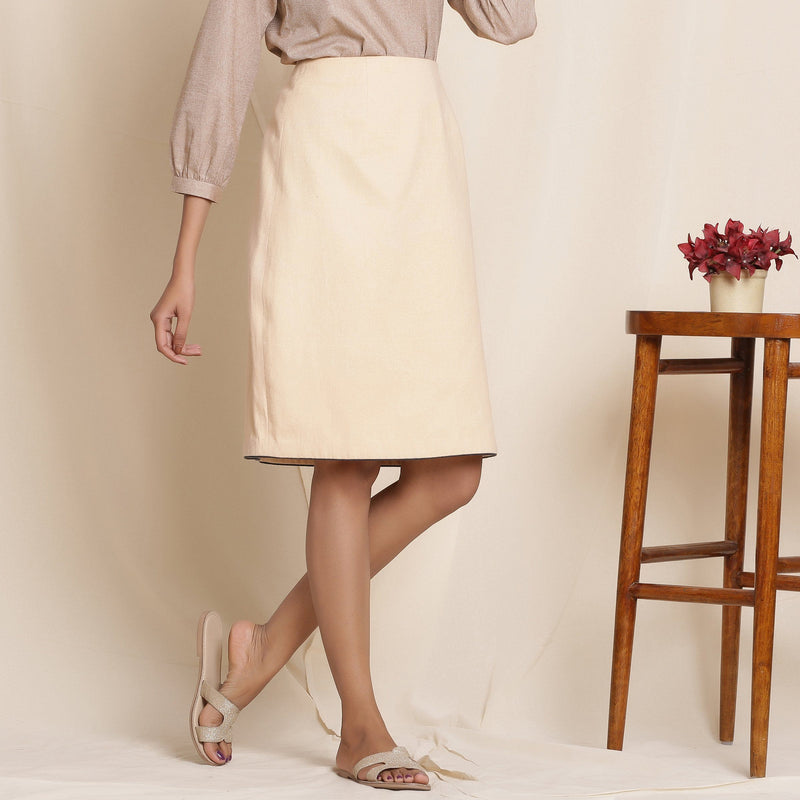 Right View of a Model wearing Warm Flannel Dusk Beige Pencil Skirt