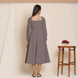 Back View of a Model wearing Grey Fit Warm Cotton Flannel Fit and Flare Midi Dress