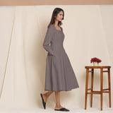 Right View of a Model wearing Grey Fit Warm Cotton Flannel Fit and Flare Midi Dress