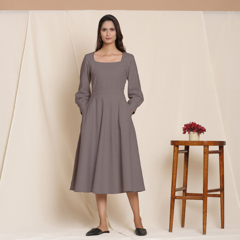 Front View of a Model wearing Grey Fit Warm Cotton Flannel Fit and Flare Midi Dress