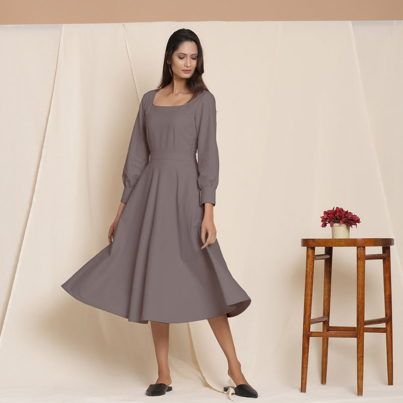 Front View of a Model wearing Grey Fit Warm Cotton Flannel Fit and Flare Midi Dress