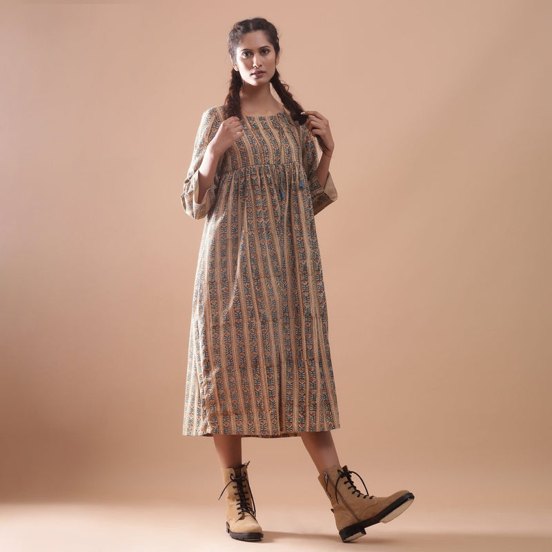 Front View of a Model wearing Kalamkari Block Printed Cotton Midi Dress