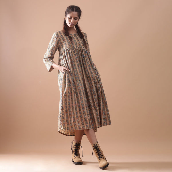 Front View of a Model wearing Kalamkari Block Printed Cotton Midi Dress