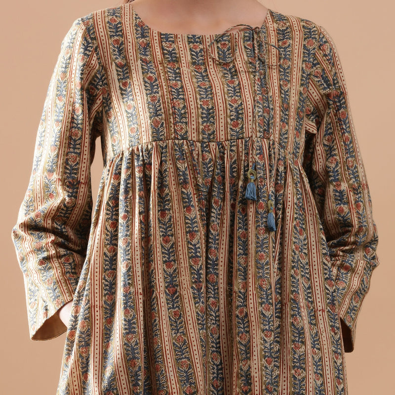 Front Detail of a Model wearing Kalamkari Block Printed Cotton Midi Dress