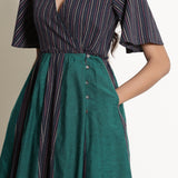 Front Detail of a Model wearing Warm Cotton Striped Knee Length Wrap Dress