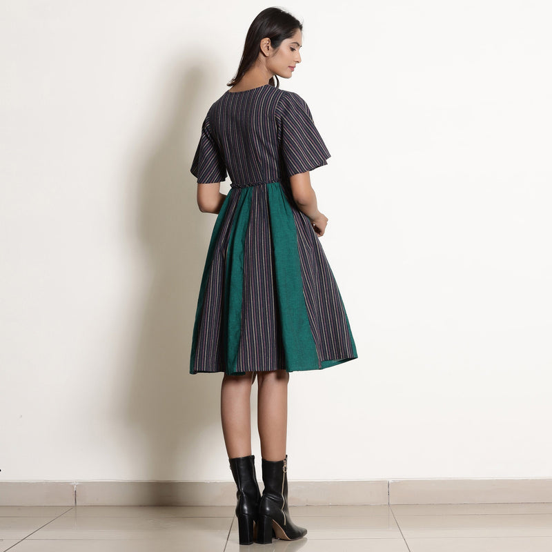 Back View of a Model wearing Warm Cotton Striped Knee Length Wrap Dress