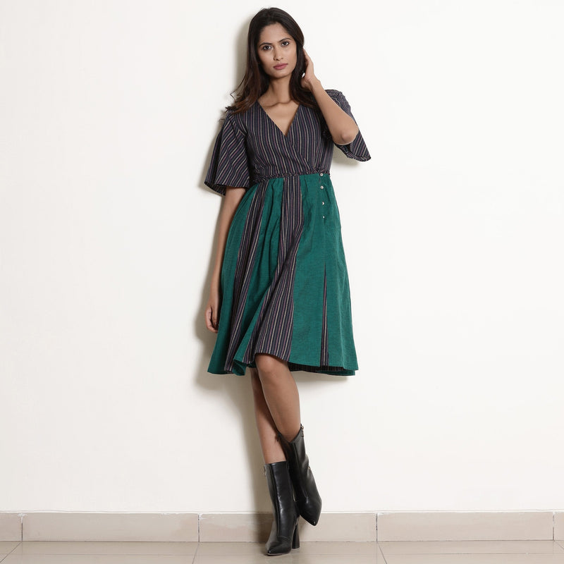 Front View of a Model wearing Warm Cotton Striped Knee Length Wrap Dress