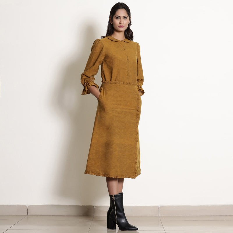 Right View of a Model wearing Golden Oak Warm Cotton Frilled Midi Skirt