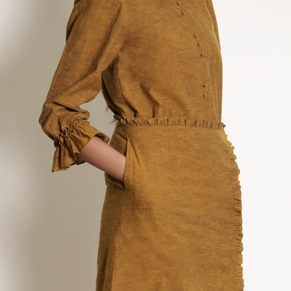 Right Detail of a Model wearing Warm Golden Oak A-Line Frilled Skirt