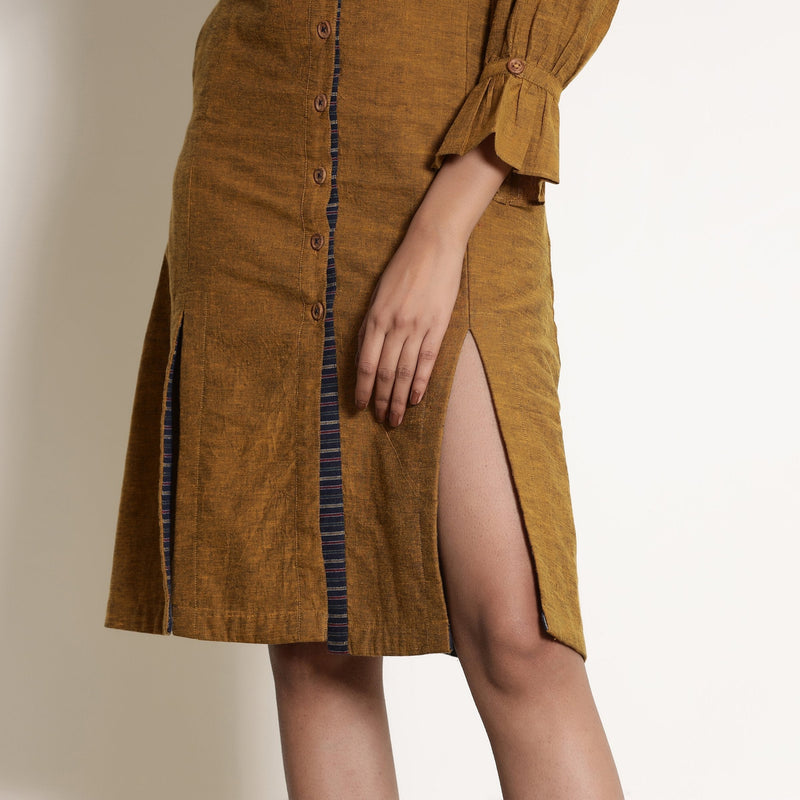 Close View of a Model wearing Golden Oak Warm Cotton Frilled Knee Length Dress