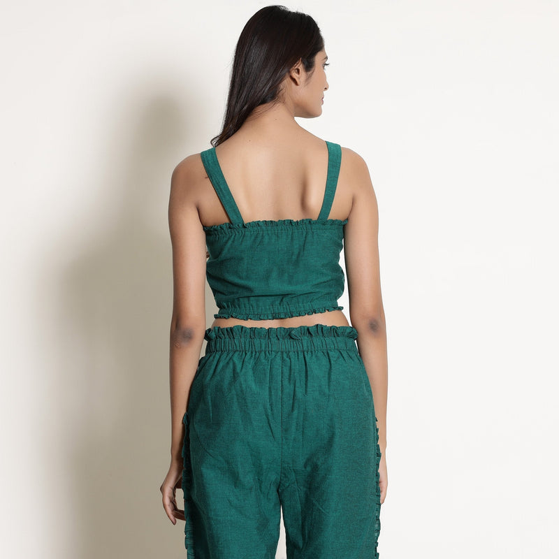 Back View of a Model wearing Pine Green Warm 100% Cotton Frilled Bustier Crop Top