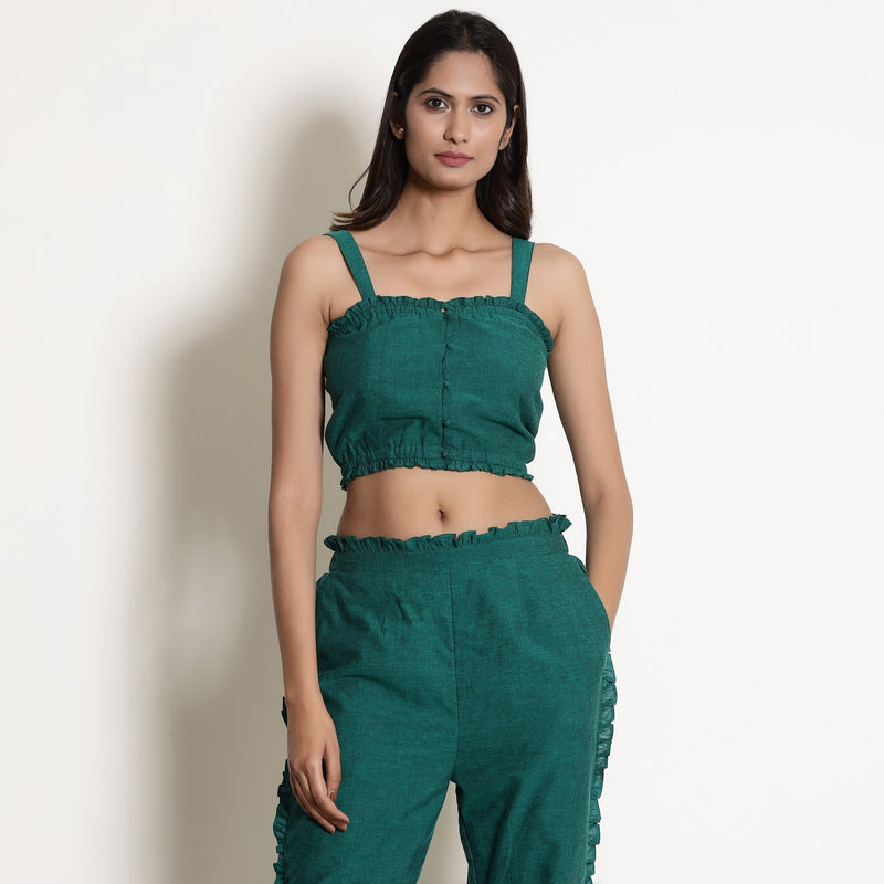 Front View of a Model wearing Pine Green Warm 100% Cotton Frilled Bustier Crop Top