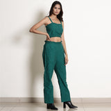 Right View of a Model wearing Pine Green Warm 100% Cotton Frilled Bustier Crop Top