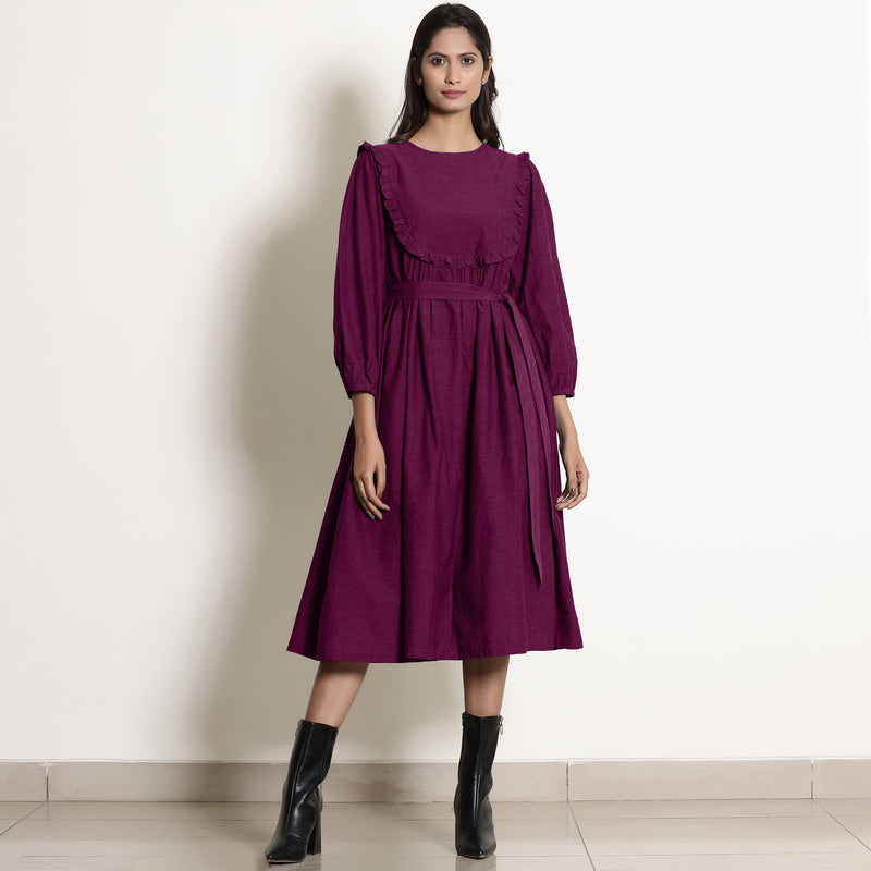 Front View of a Model wearing Warm Mulberry 100% Cotton Frilled Yoke Dress