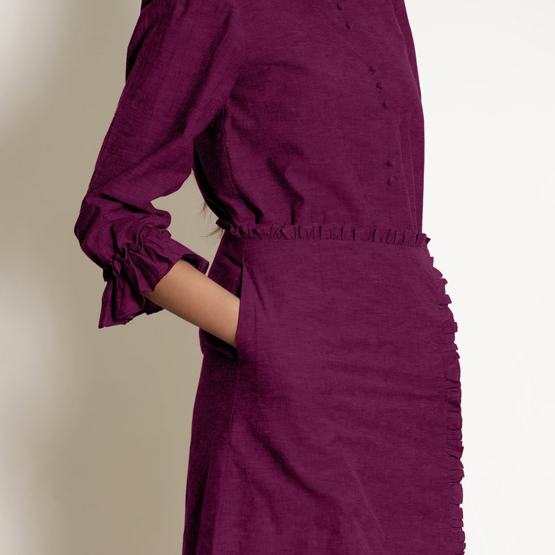 Front Detail of a Model wearing Warm Mulberry A-Line Frilled Cotton Skirt