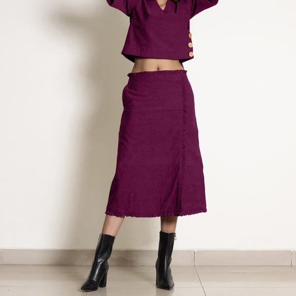 Front View of a Model wearing Warm Mulberry A-Line Frilled Cotton Skirt