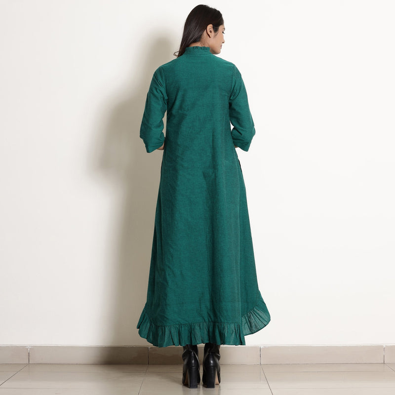 Back View of a Model wearing Pine Green Warm Cotton Frilled Neck Ankle Length Dress