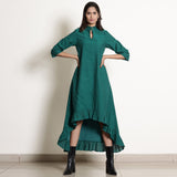 Front View of a Model wearing Pine Green Warm Cotton Frilled Neck Ankle Length Dress