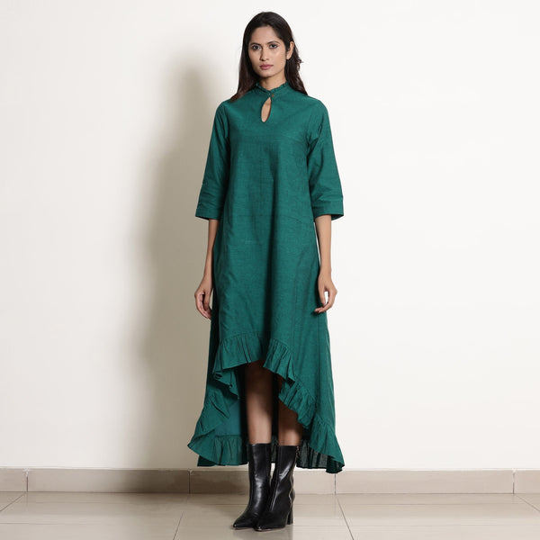 Front View of a Model wearing Pine Green Warm Cotton Frilled Neck Ankle Length Dress