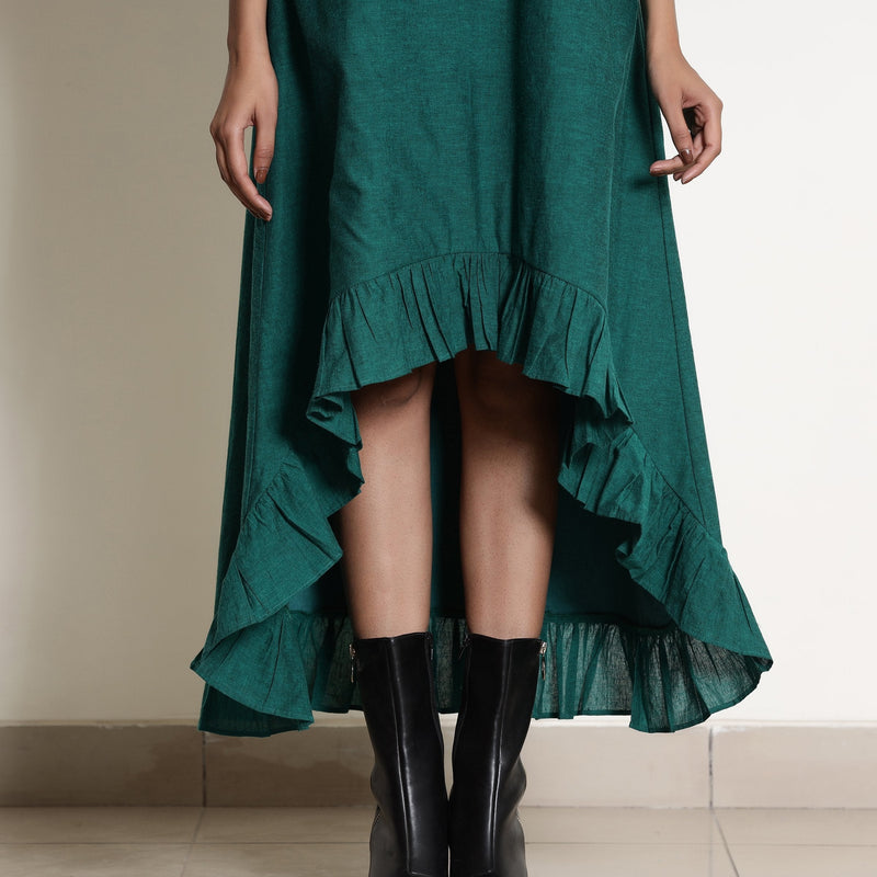 Front Detail of a Model wearing Pine Green Warm Cotton Frilled Neck Ankle Length Dress